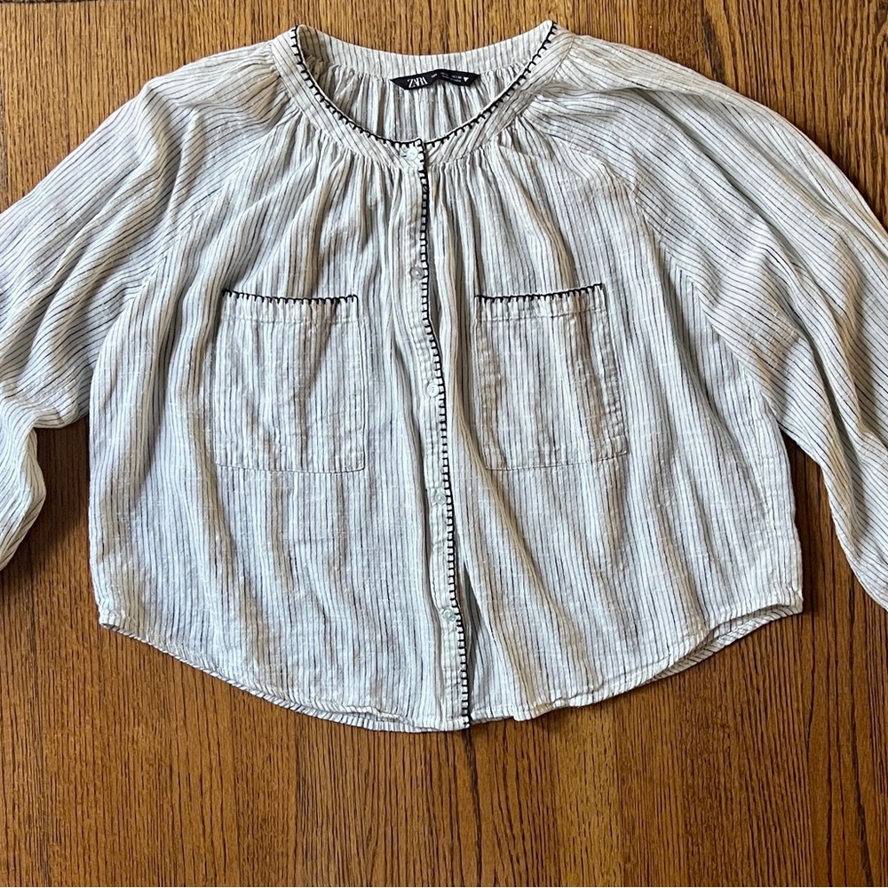 Zara Light Black and White Striped Blouse with Mother of Pearl buttons